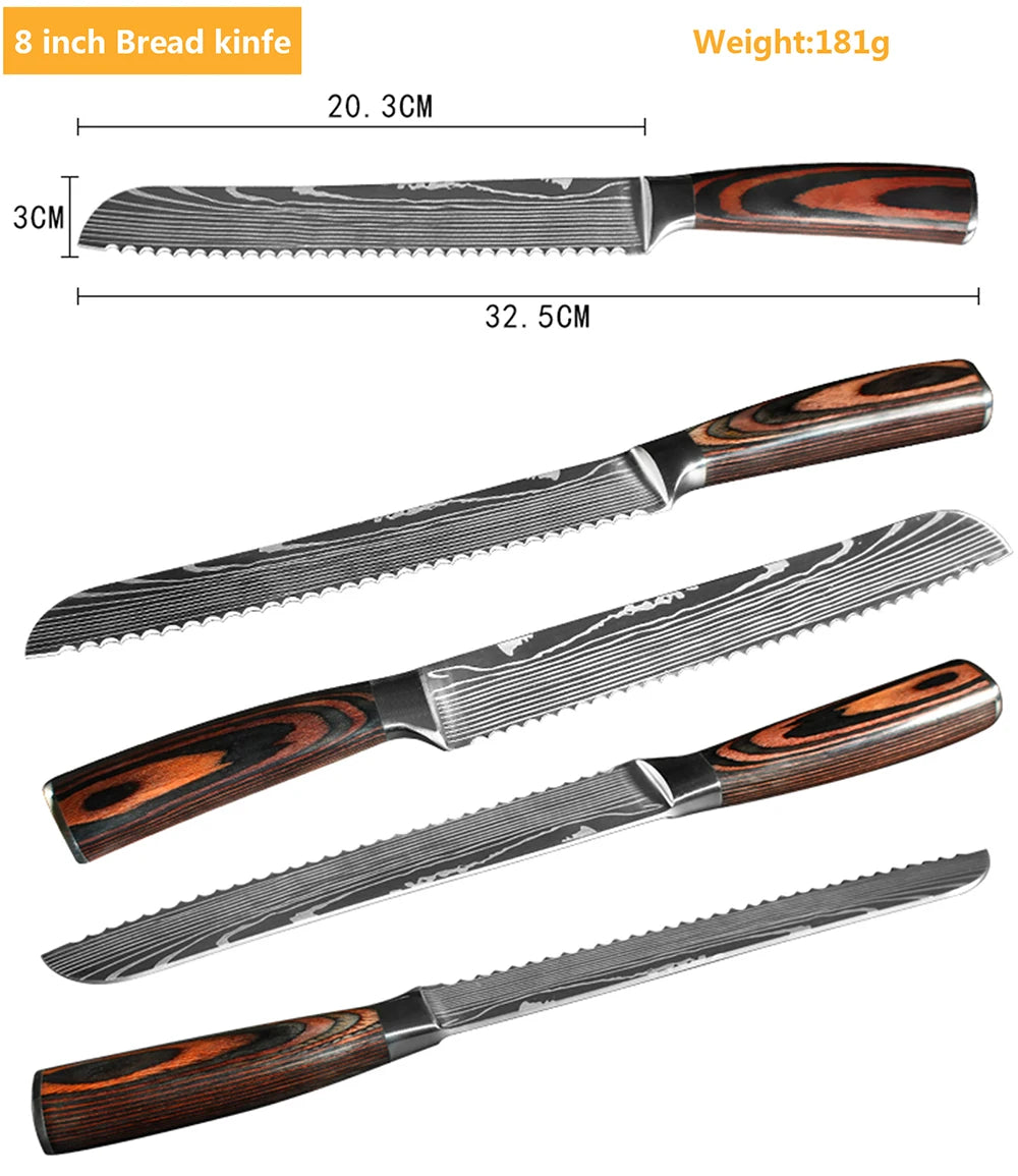 Juego de Cuchillos de Chef – Santoku Japonés, Patrón Damasco Láser, Ultra Afilados