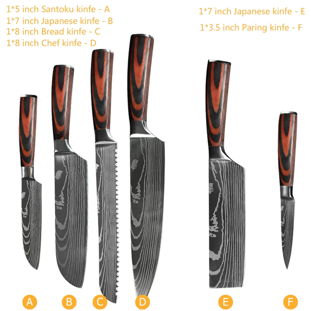 Juego de Cuchillos de Chef – Santoku Japonés, Patrón Damasco Láser, Ultra Afilados