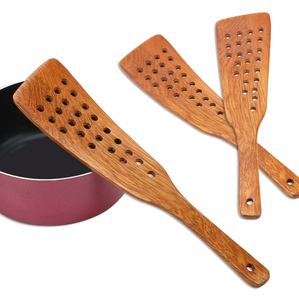 Filter Shovel Kitchen Accessories Kitchen Cooking Tool Frying Steak Shovel Wooden Spatula Non-Stick Pan 24 Holes