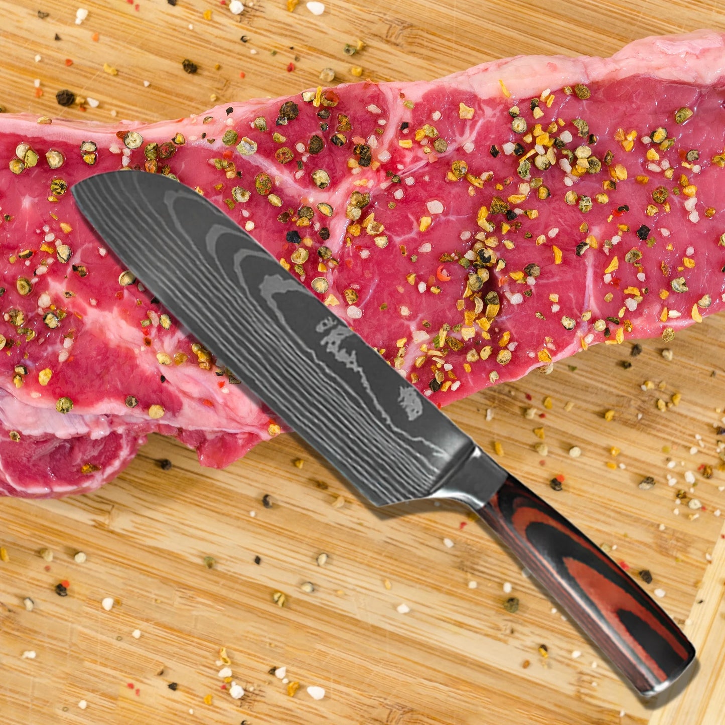 Juego de Cuchillos de Chef – Santoku Japonés, Patrón Damasco Láser, Ultra Afilados