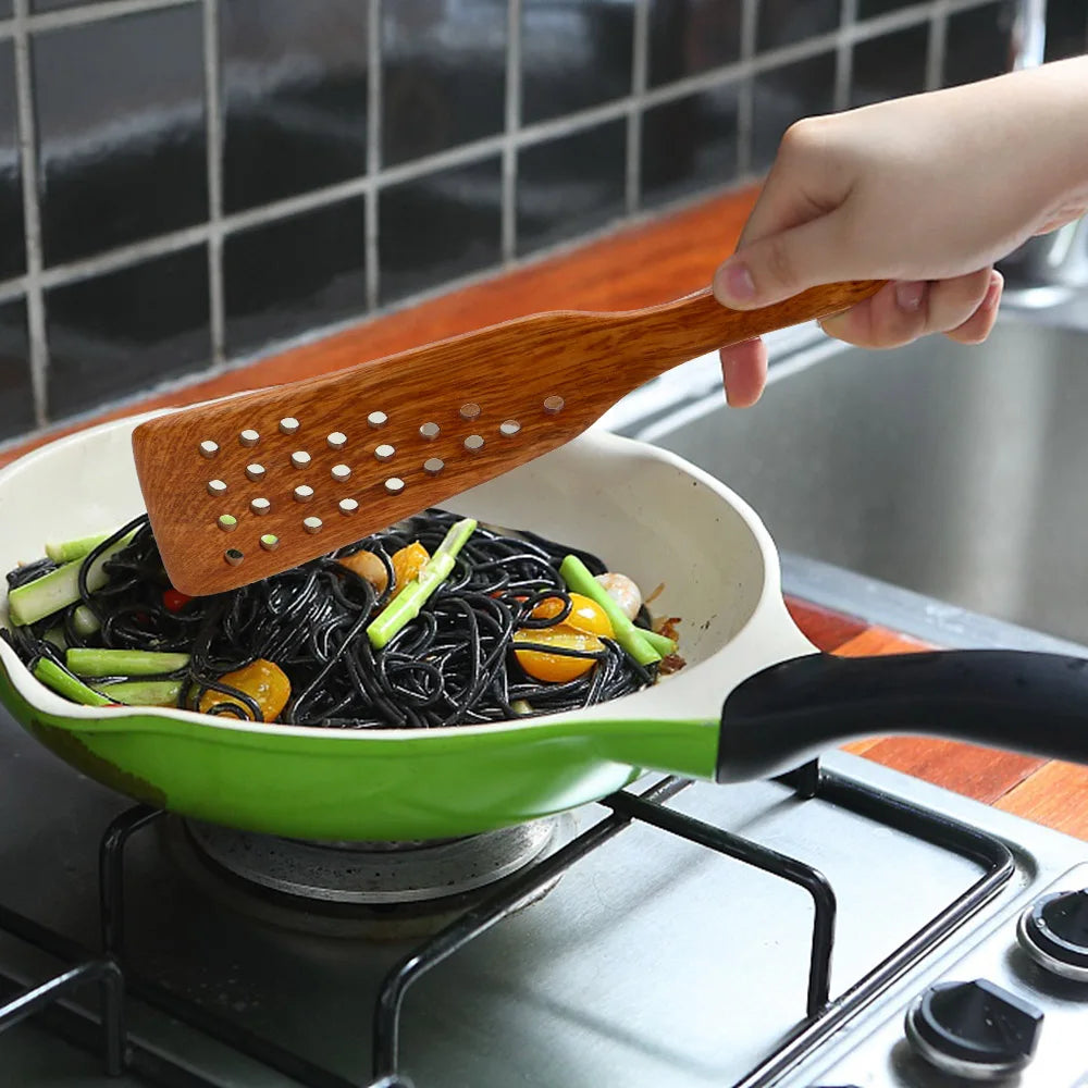 Filter Shovel Kitchen Accessories Kitchen Cooking Tool Frying Steak Shovel Wooden Spatula Non-Stick Pan 24 Holes