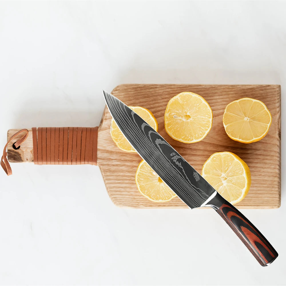 Juego de Cuchillos de Chef – Santoku Japonés, Patrón Damasco Láser, Ultra Afilados