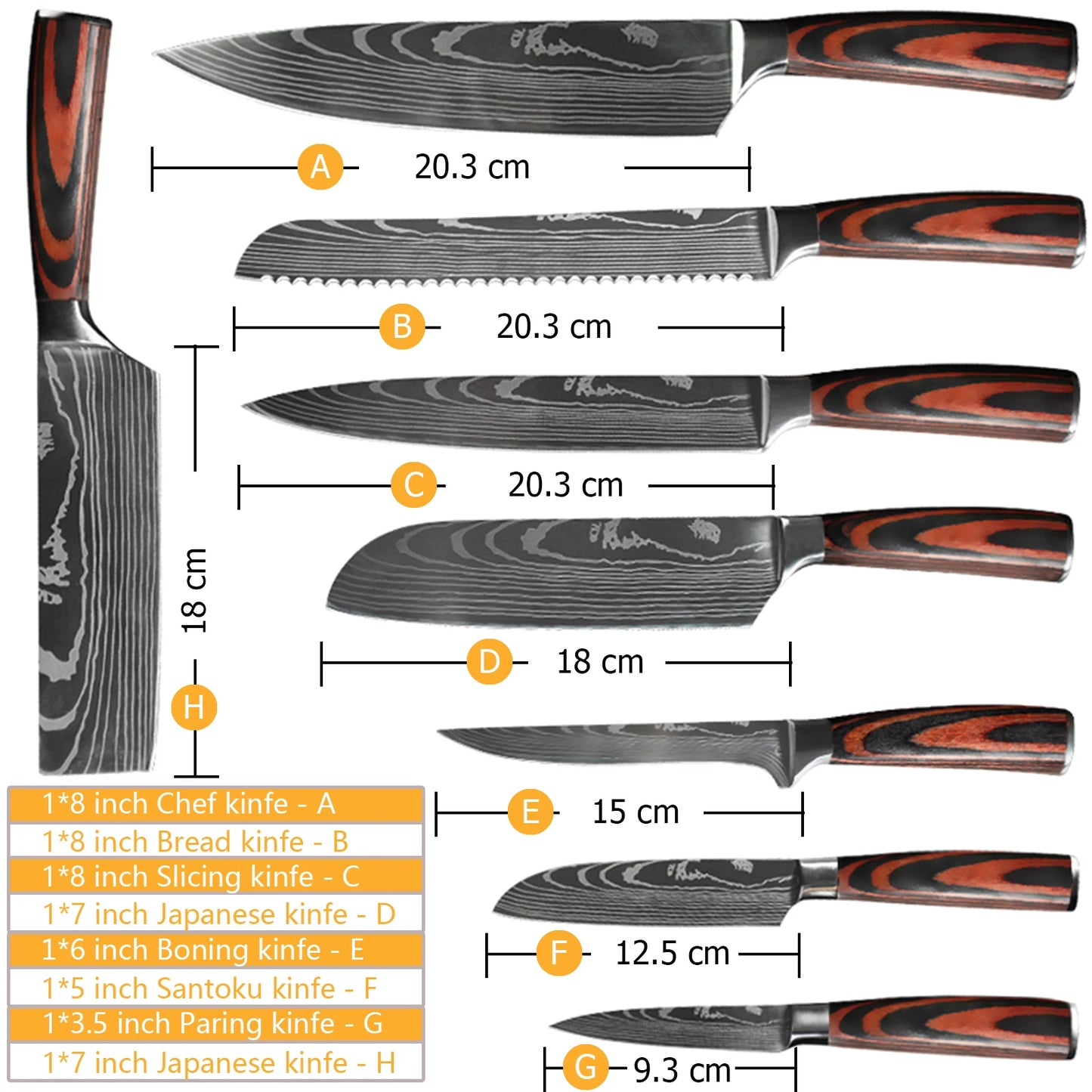 Juego de Cuchillos de Chef – Santoku Japonés, Patrón Damasco Láser, Ultra Afilados