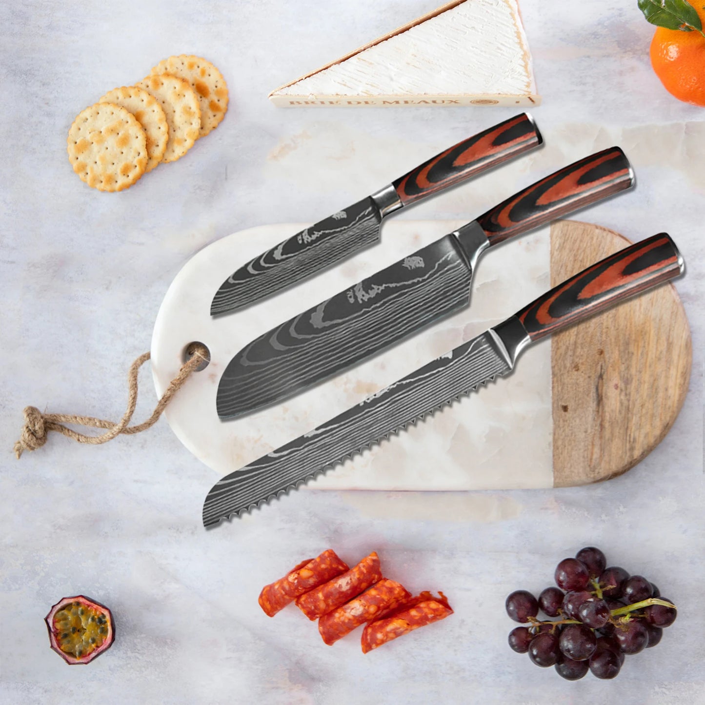 Juego de Cuchillos de Chef – Santoku Japonés, Patrón Damasco Láser, Ultra Afilados