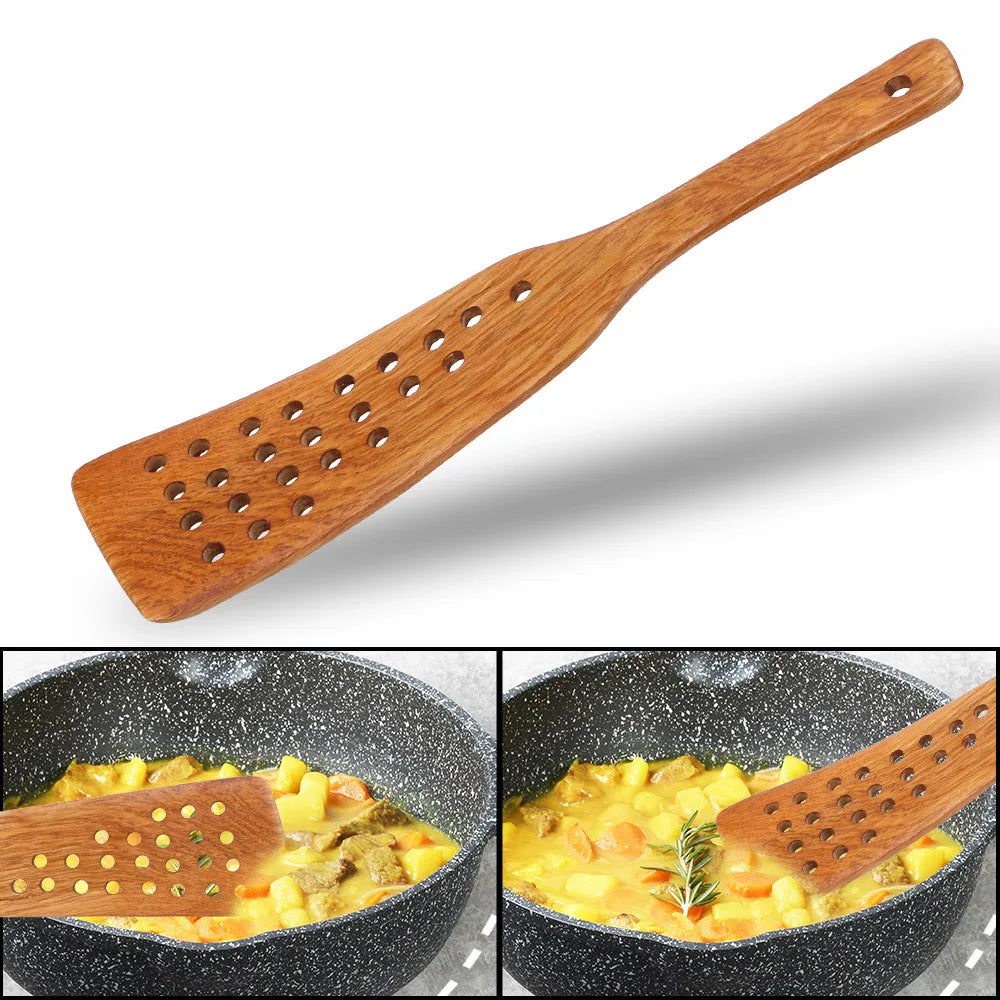 Filter Shovel Kitchen Accessories Kitchen Cooking Tool Frying Steak Shovel Wooden Spatula Non-Stick Pan 24 Holes