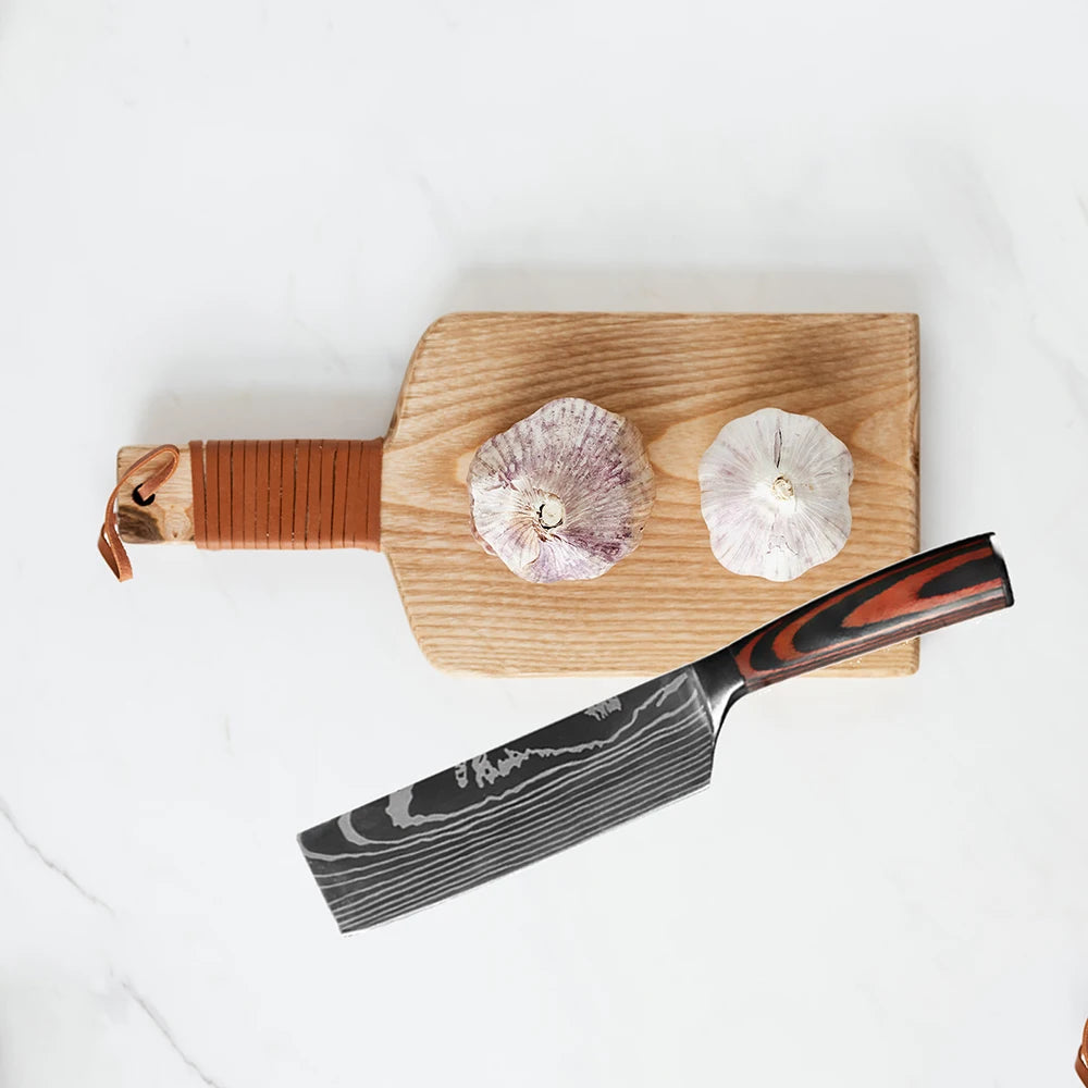 Juego de Cuchillos de Chef – Santoku Japonés, Patrón Damasco Láser, Ultra Afilados