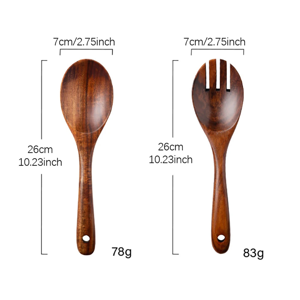 2Pcs Dinnerware Set Wooden Large Spoon Fork Cutlery Set Japanese Style Long Handle Serving Salad Scoop Tableware Kitchen Utensil