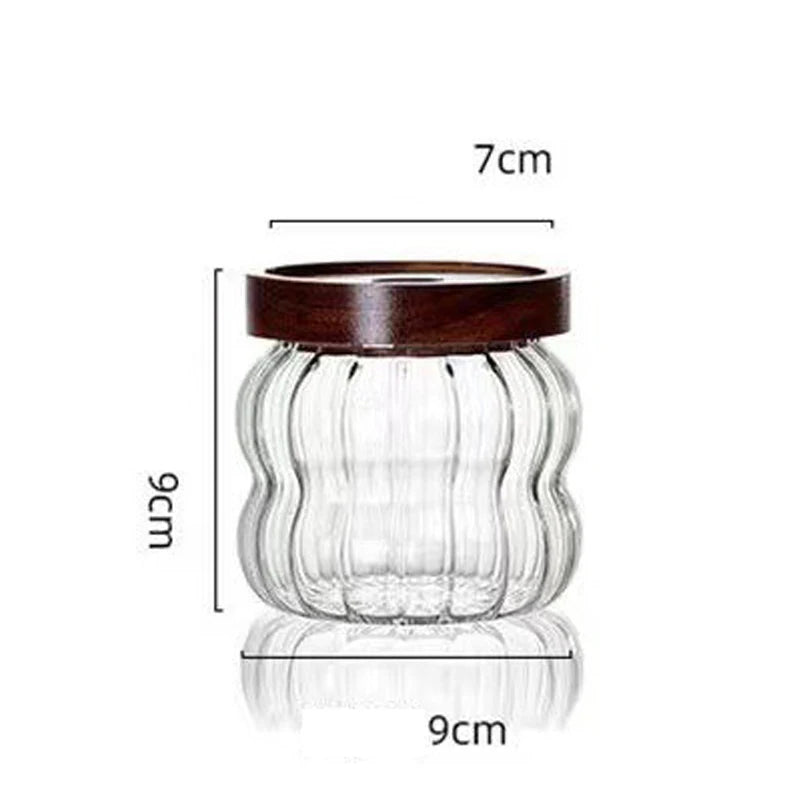 Wood Lid Striped Glass Storage Bottles Sealed Jar Tea Coffee Beans Grains Candy Jars Organizer Kitchen Food Glass Containers