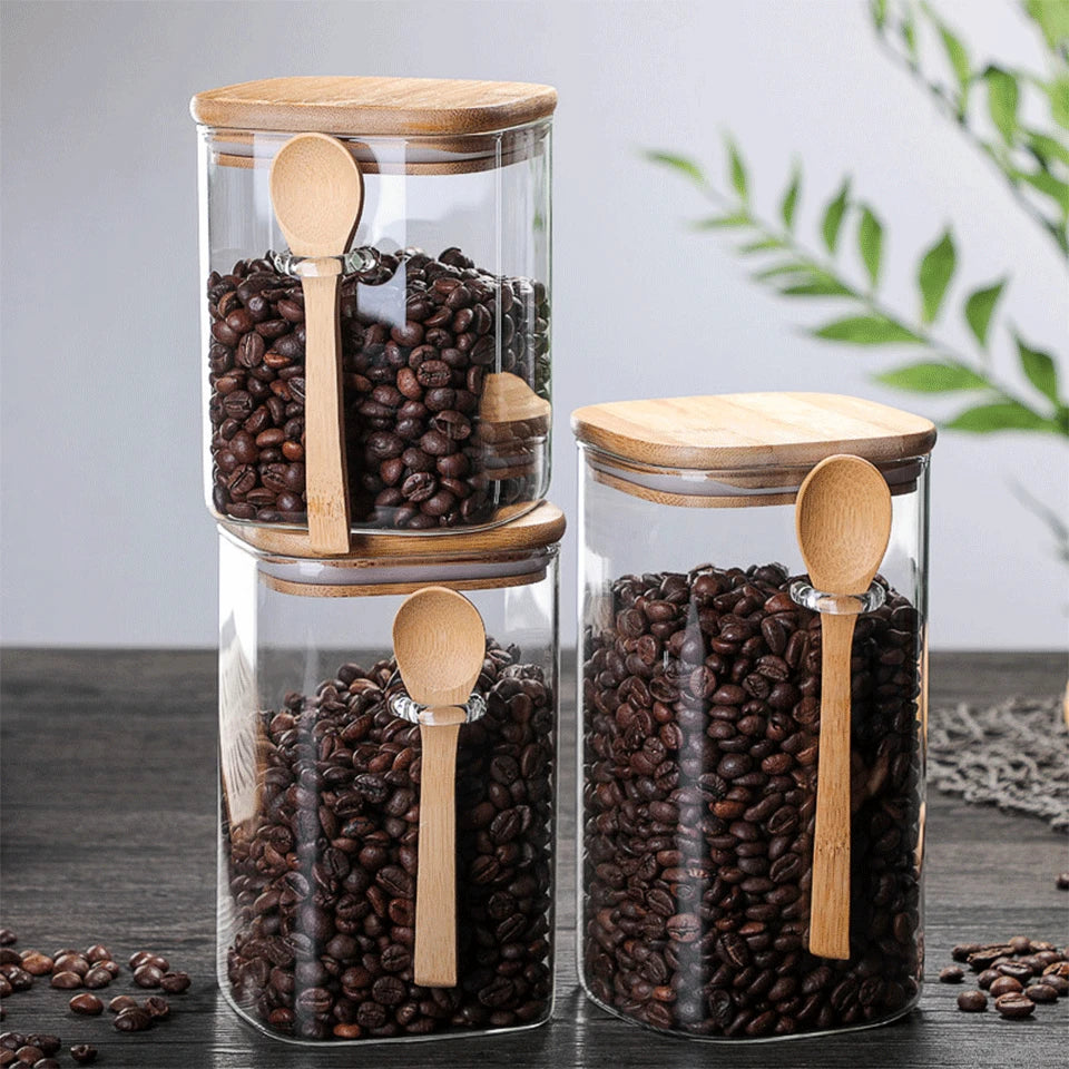 800/1000/1200ml Square Airtight Glass Jars With Lid And Spoon Tea Coffee Beans Container Snack Nuts Sealed Box Kitchen Organizer