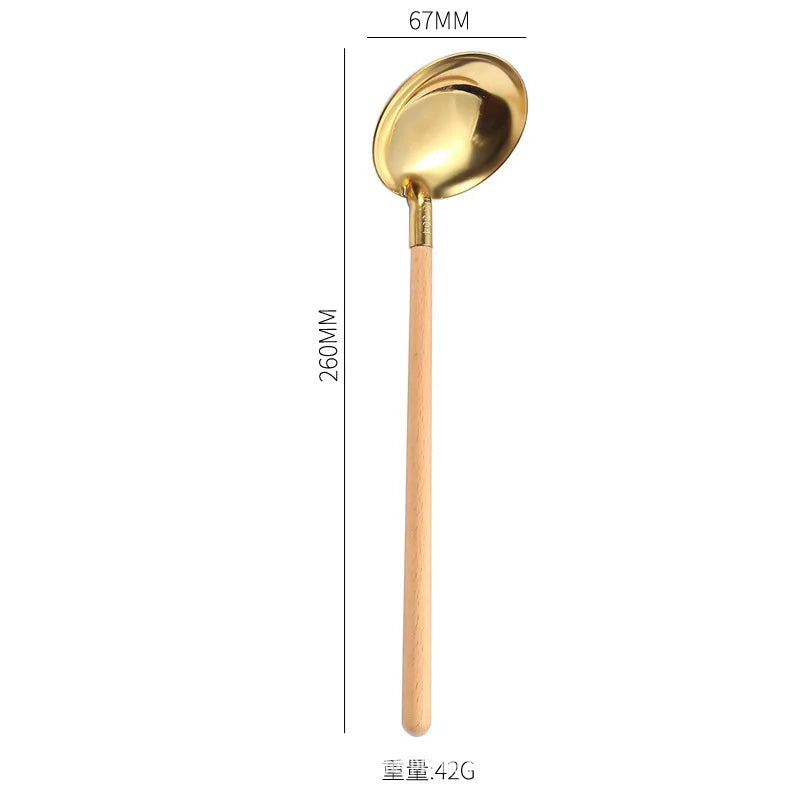 Stainless Steel Wooden Handle Soup Spoon Japanese Kitchen Ramen Tablespoons Colander Hot Pot Scoop Skimmer Gold Tableware