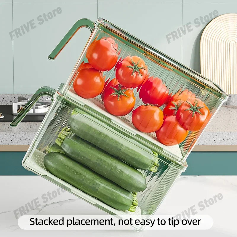 Refrigerator Storage Box with Handle, Vegetable and Fruit Fresh-keeping Storage Box with Lid, Stackable Transparent Storage Box