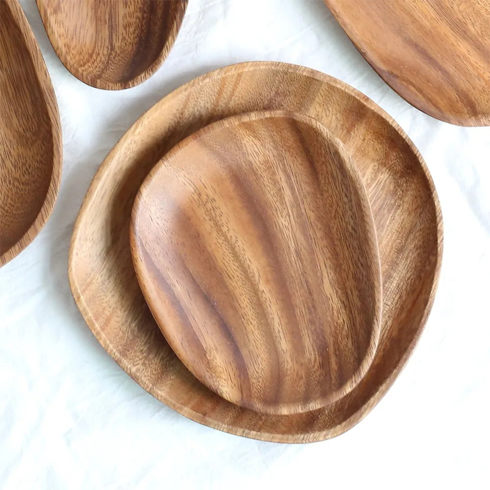 Walnut & Acacia Irregular Oval Solid Wood Dinner Plate Wooden Serving Decorative Tray, for Dishes Snack, Dim Sum, Fruit, Dessert