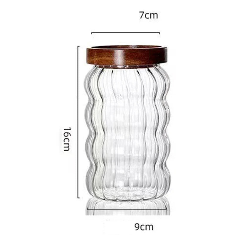 Wood Lid Striped Glass Storage Bottles Sealed Jar Tea Coffee Beans Grains Candy Jars Organizer Kitchen Food Glass Containers