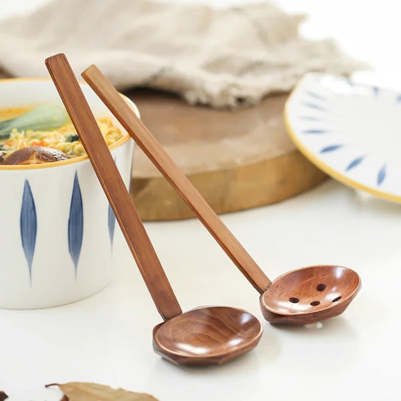 Japanese Long Handle Ramen Spoons Wooden Tableware Home Tablespoons Cute Soup Ladle Hot Pot Skimmer Recyclable Kitchen Utensils