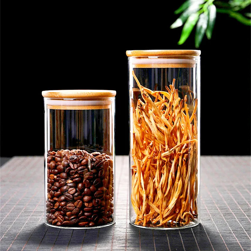 Glass Jar With Bamboo Lid Sealed Canister Food Storage Bottles Container Storage For Loose Tea Coffee Bean Kitchen Accessories