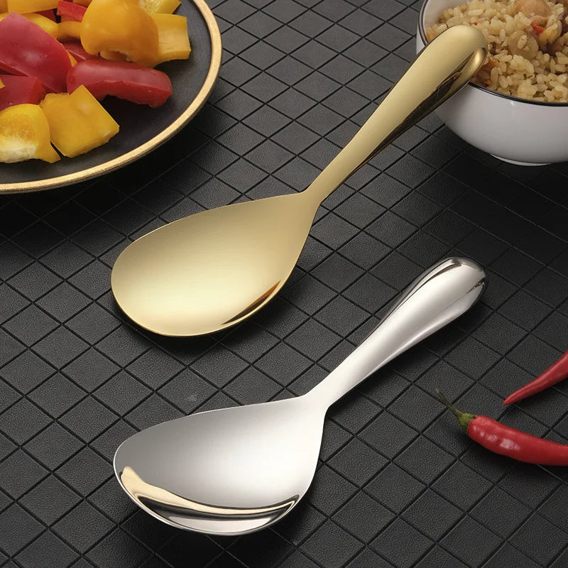 304 Stainless Steel Rice Spoon Thicken Short Handle Large Capacity Soup Spoon Silver Golden Buffet Serving Cutlery Cooking Tools