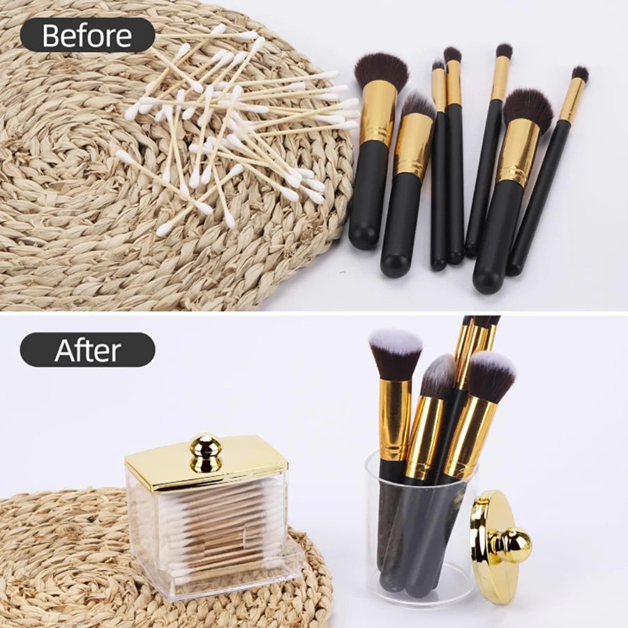 1/2 Pack Qtips Dispenser,Bathroom Organizers and Storage Containers, Plastic Apothecary Jars with Gold Lids for Makeup Ball