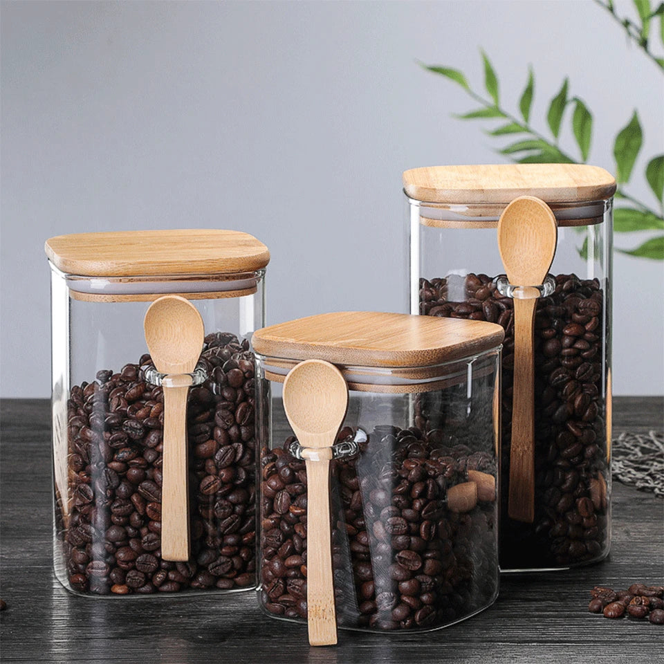 800/1000/1200ml Square Airtight Glass Jars With Lid And Spoon Tea Coffee Beans Container Snack Nuts Sealed Box Kitchen Organizer