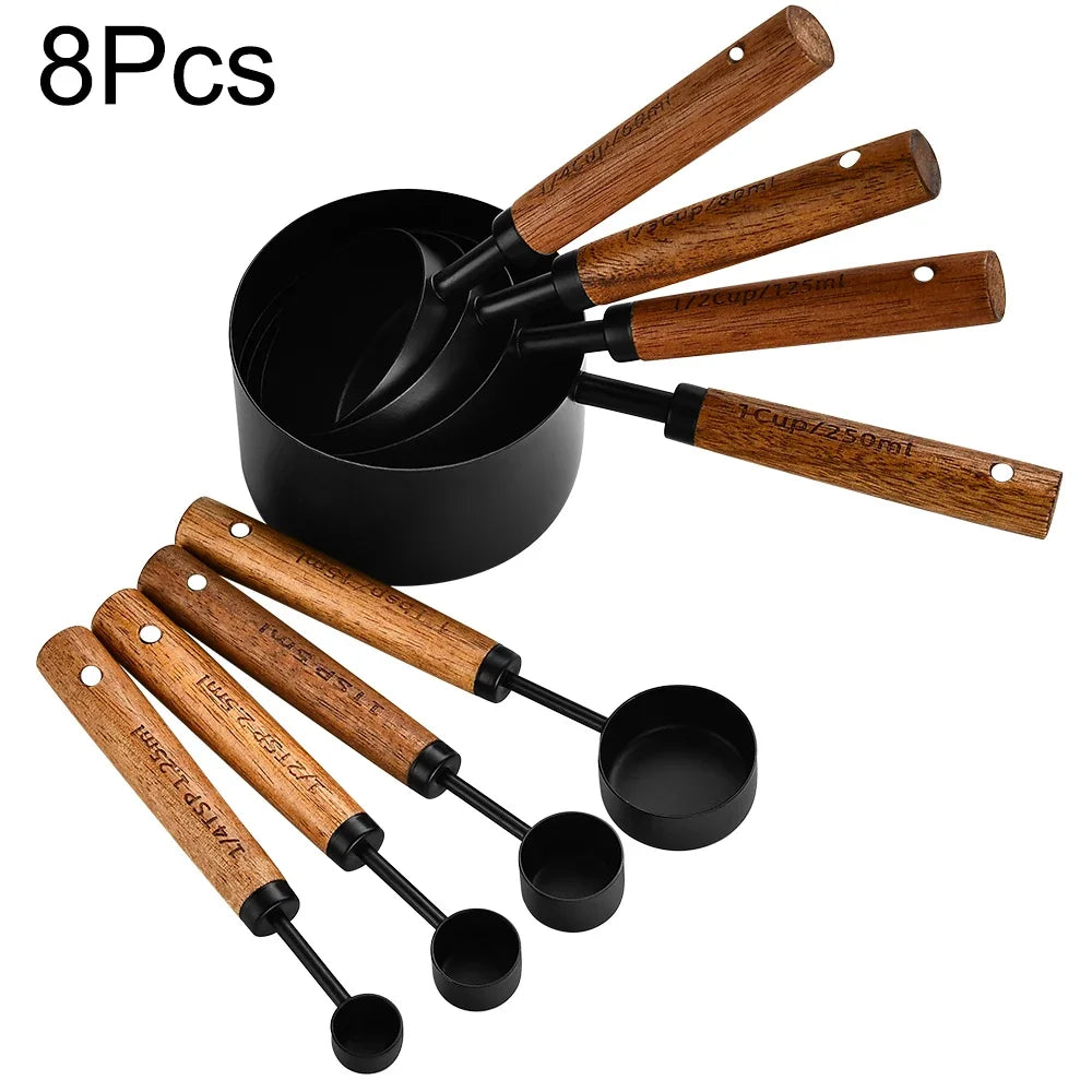 1/4/8Pcs Gold Wooden Handle Stainless Steel Measuring Cups Spoons Baking Tools Coffee Bartending Scale Kitchen Accessories Set