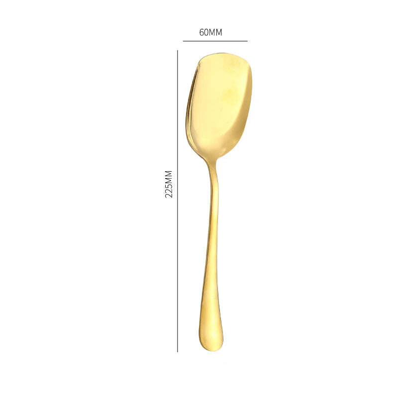 Golden Stainless Steel Food Service Spoon Large Rice Shovel Tableware Long Handle Square Spatula Kitchen Gadgets for Home