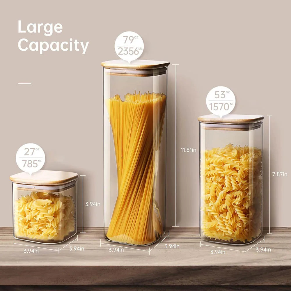 Square Glass Storage Jars with Bamboo Lid for Coffee Beans Grains Noodles food Storage Containers Kitchen Organizers Storage