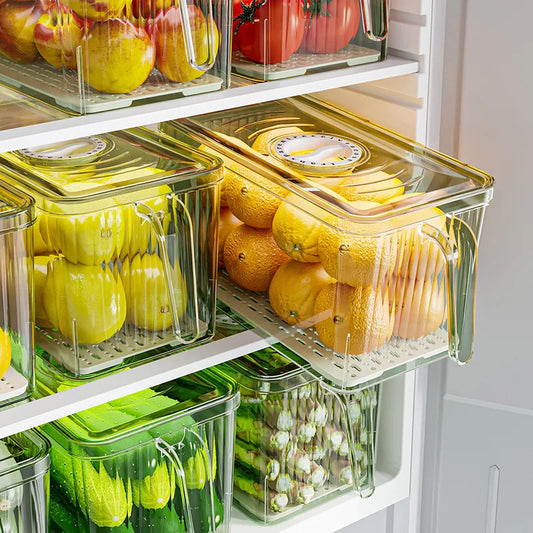 Refrigerator Storage Box with Handle, Vegetable and Fruit Fresh-keeping Storage Box with Lid, Stackable Transparent Storage Box