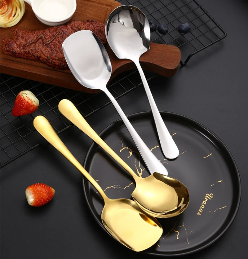 Golden Stainless Steel Food Service Spoon Large Rice Shovel Tableware Long Handle Square Spatula Kitchen Gadgets for Home