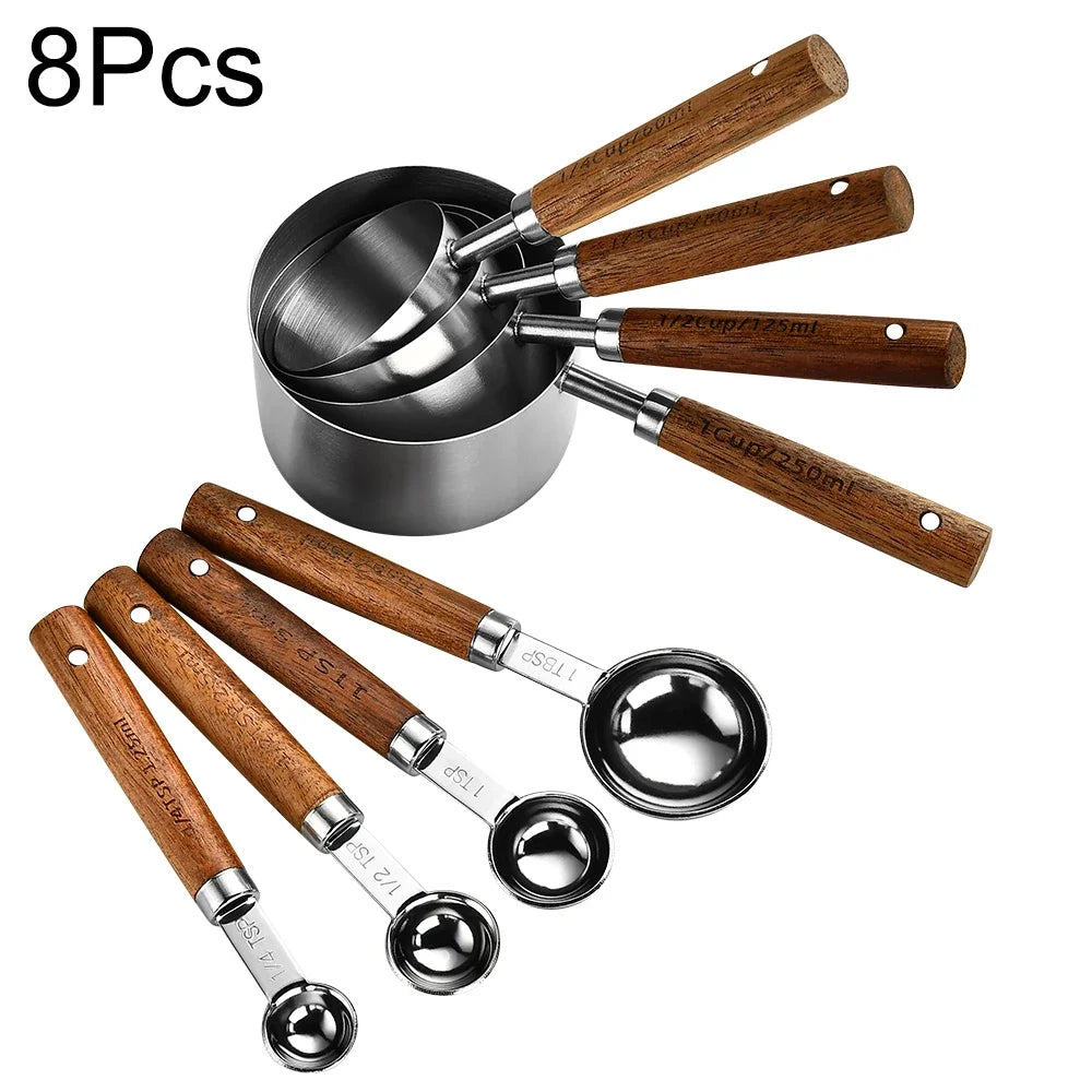 1/4/8Pcs Gold Wooden Handle Stainless Steel Measuring Cups Spoons Baking Tools Coffee Bartending Scale Kitchen Accessories Set