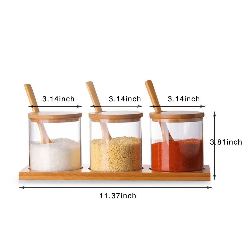 300ml Glass Seasoning Storage Jars with Bamboo Lid And Spoon Kitchen Spice Box Seasoning Container Sugar Salt Pepper Storage Jar