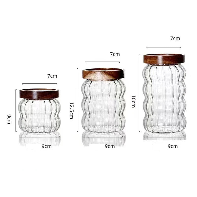 Wood Lid Striped Glass Storage Bottles Sealed Jar Tea Coffee Beans Grains Candy Jars Organizer Kitchen Food Glass Containers