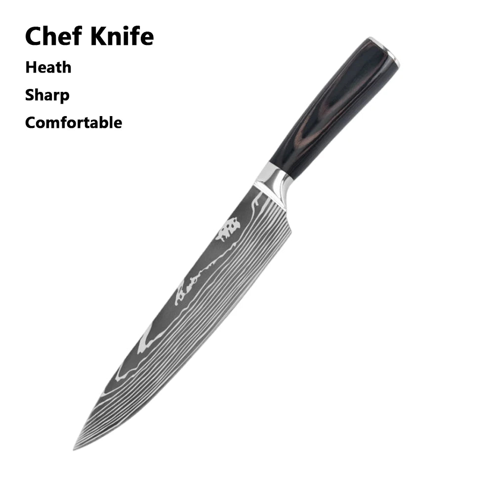 Juego de Cuchillos de Chef – Santoku Japonés, Patrón Damasco Láser, Ultra Afilados