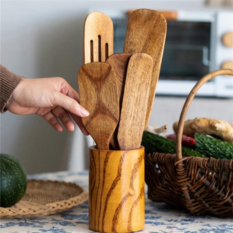 Teak Wood Long Handle Spatula Kitchen Turner Non Stick Cooking Utensils Wooden Salad Spatula Baking Scraper Rice Shovel Cookware