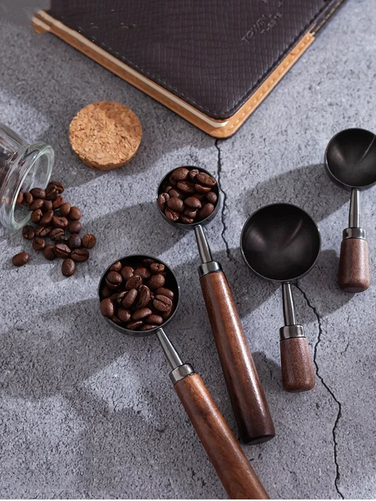 Stainless Steel Walnut Coffee Bean Measuring Spoons Household Tools High Profile Level Long Handle Coffee Powder Measuring Spoon