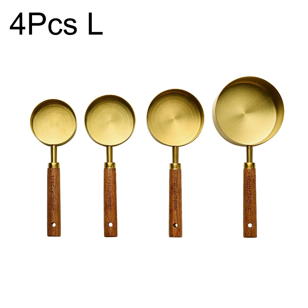 1/4/8Pcs Gold Wooden Handle Stainless Steel Measuring Cups Spoons Baking Tools Coffee Bartending Scale Kitchen Accessories Set