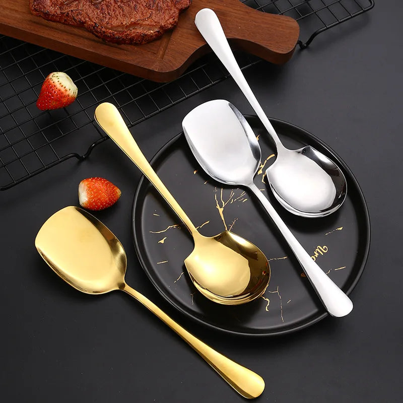 Golden Stainless Steel Food Service Spoon Large Rice Shovel Tableware Long Handle Square Spatula Kitchen Gadgets for Home