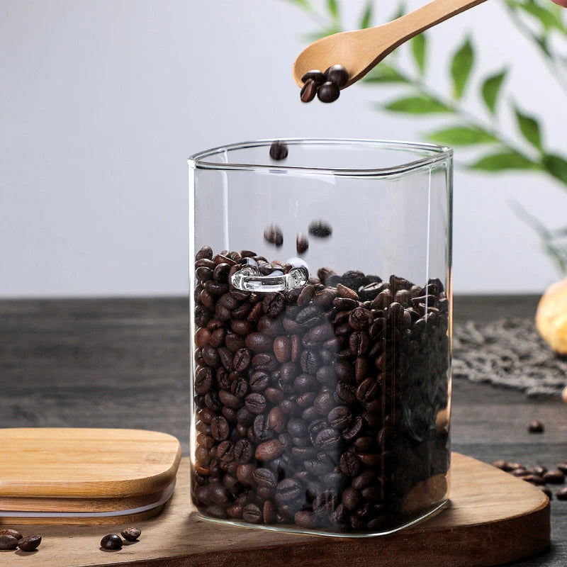 800/1000/1200ml Square Airtight Glass Jars With Lid And Spoon Tea Coffee Beans Container Snack Nuts Sealed Box Kitchen Organizer