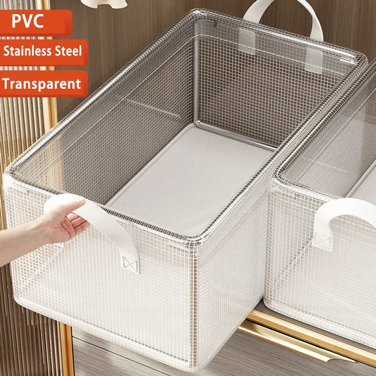 PVC Transparent Storage Basket for Clothes Underwear Storage Box Stainless Steel Frame Wardrobe Organizer Waterproof Cloth Box