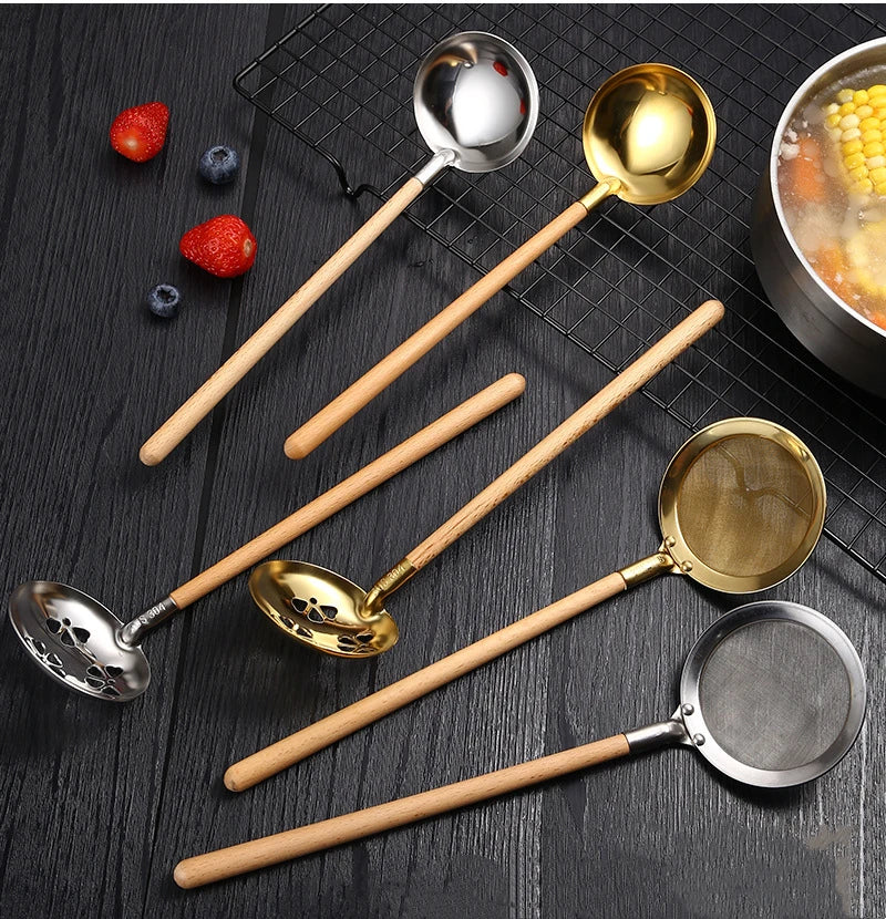 Stainless Steel Wooden Handle Soup Spoon Japanese Kitchen Ramen Tablespoons Colander Hot Pot Scoop Skimmer Gold Tableware