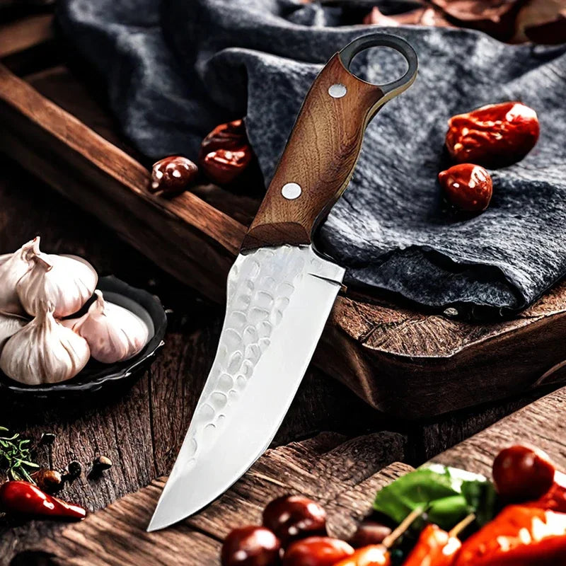 Cuchillo de Carnicero Forjado – Full Tang, Mango de Madera, Ideal para Carne y Pescado