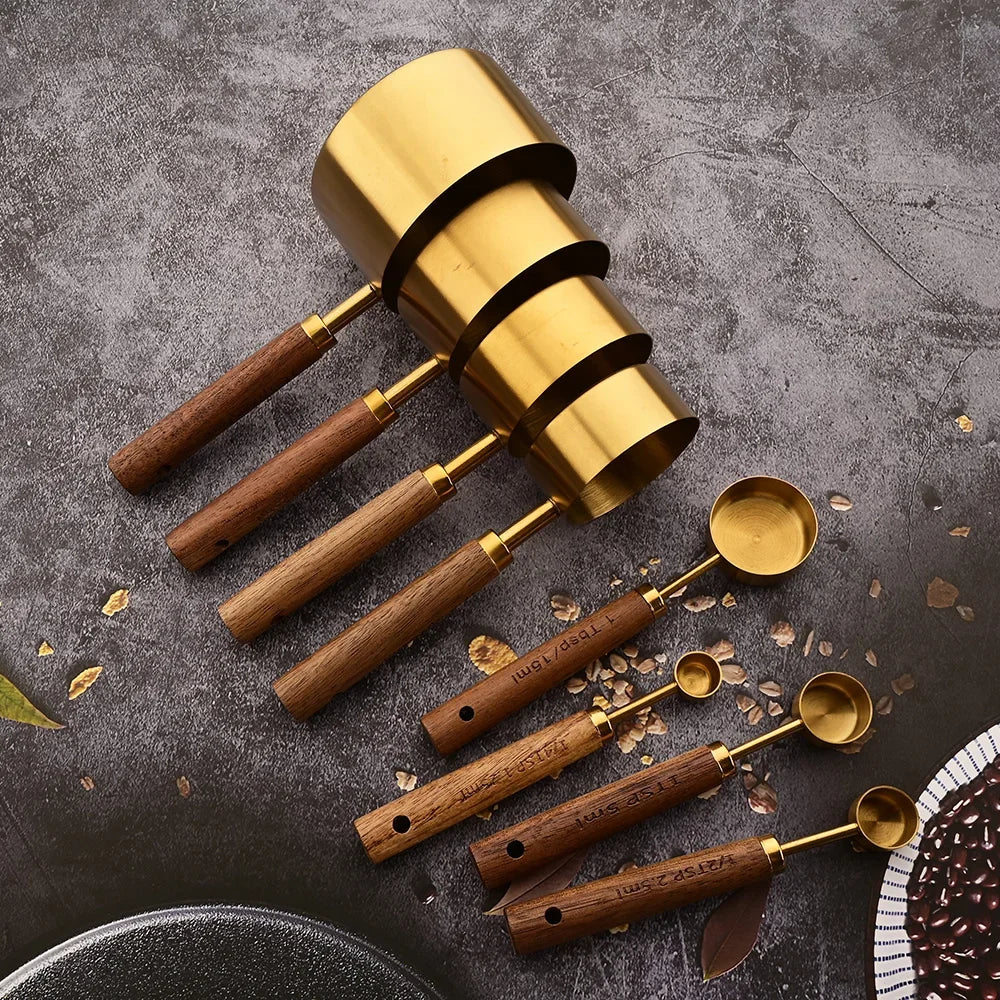 1/4/8Pcs Gold Wooden Handle Stainless Steel Measuring Cups Spoons Baking Tools Coffee Bartending Scale Kitchen Accessories Set