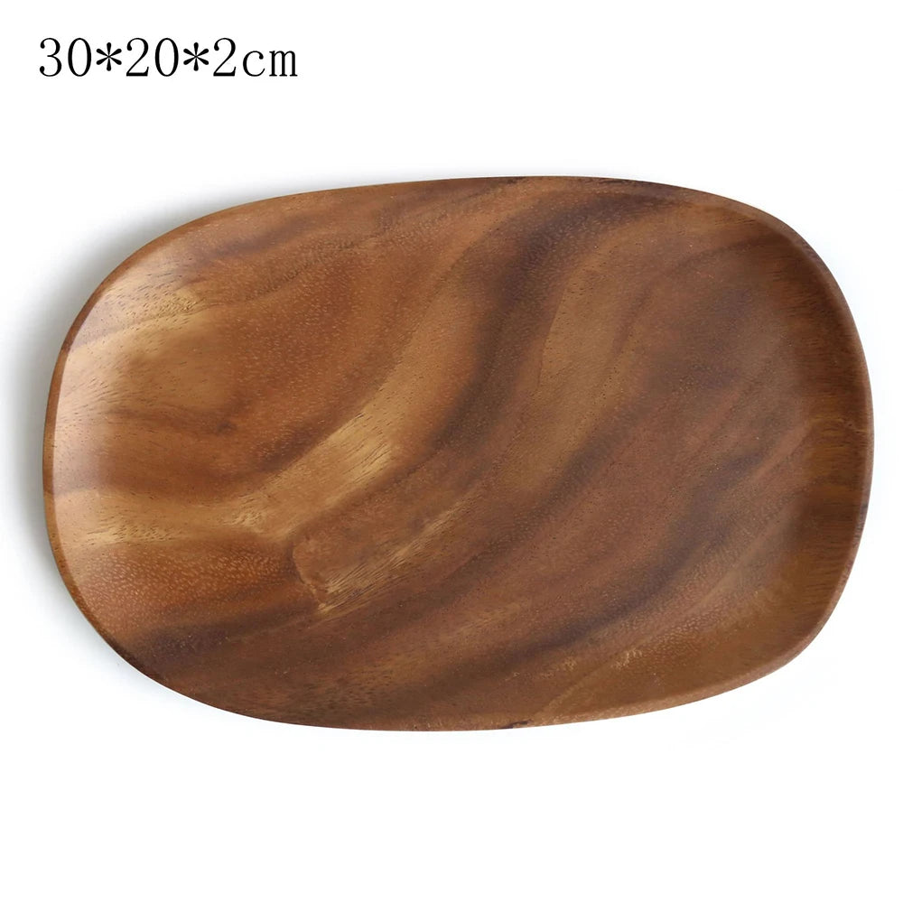 Walnut & Acacia Irregular Oval Solid Wood Dinner Plate Wooden Serving Decorative Tray, for Dishes Snack, Dim Sum, Fruit, Dessert