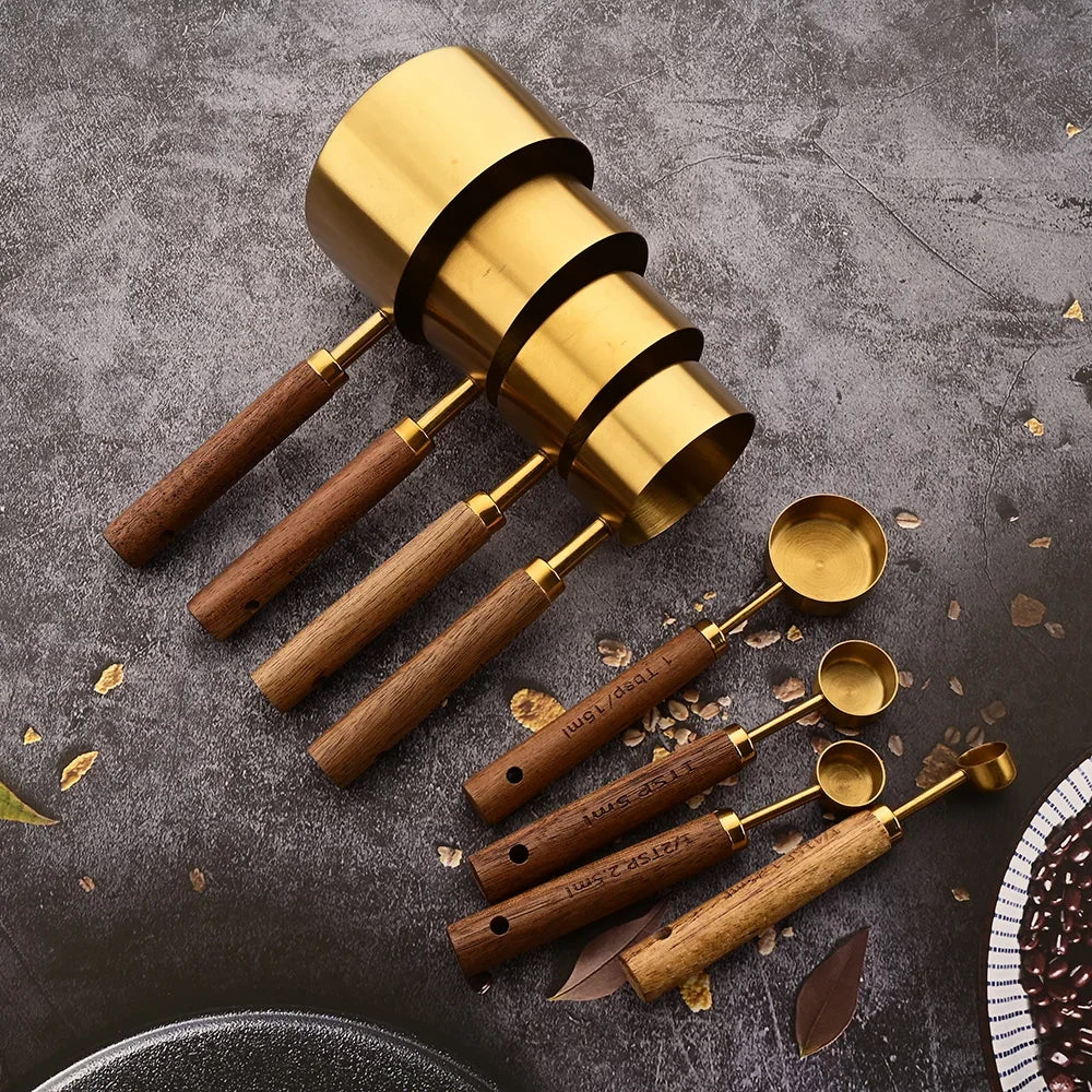 1/4/8Pcs Gold Wooden Handle Stainless Steel Measuring Cups Spoons Baking Tools Coffee Bartending Scale Kitchen Accessories Set