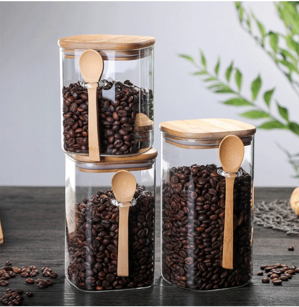 800/1000/1200ml Square Airtight Glass Jars With Lid And Spoon Tea Coffee Beans Container Snack Nuts Sealed Box Kitchen Organizer