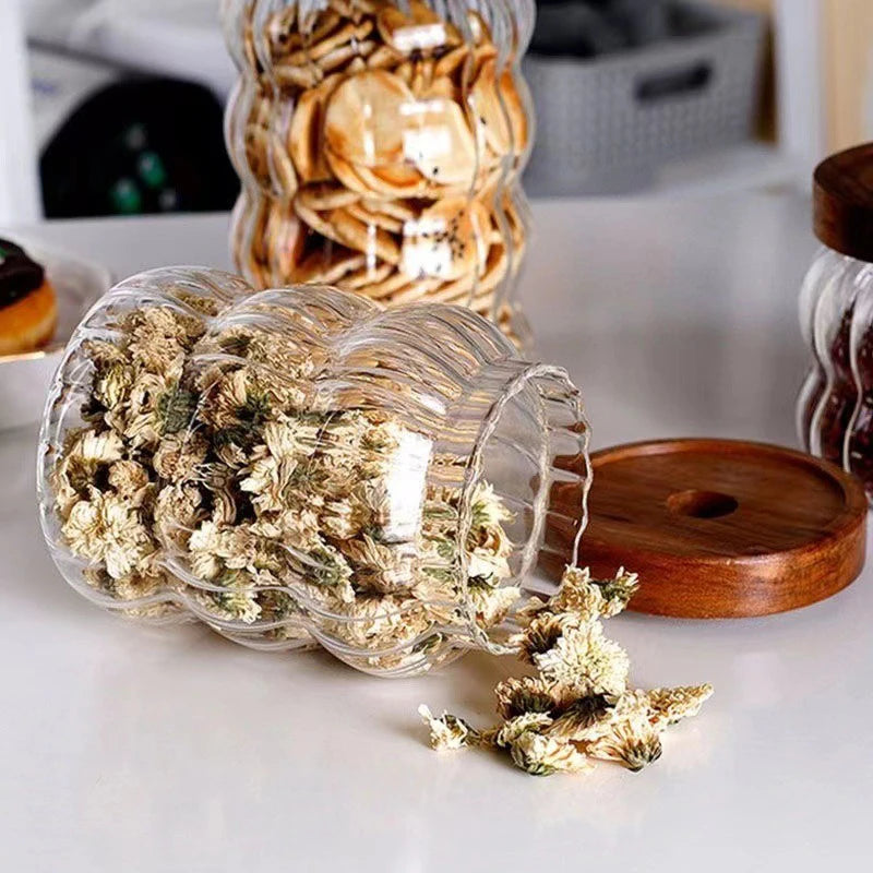 Wood Lid Striped Glass Storage Bottles Sealed Jar Tea Coffee Beans Grains Candy Jars Organizer Kitchen Food Glass Containers