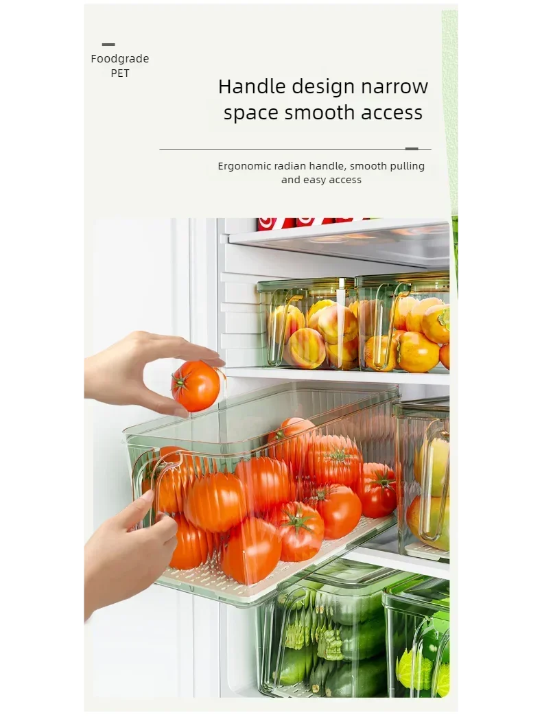 Refrigerator Storage Box with Handle, Vegetable and Fruit Fresh-keeping Storage Box with Lid, Stackable Transparent Storage Box