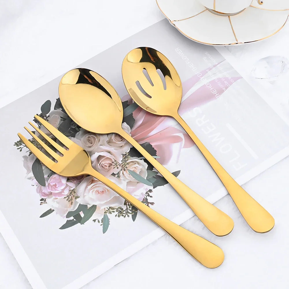 7Pcs Gold Dinnerware Set Stainless Steel Soup Spoon Colander Spoon Service Spoon Salad Fork Cake Spatula Kitchen Home Tableware