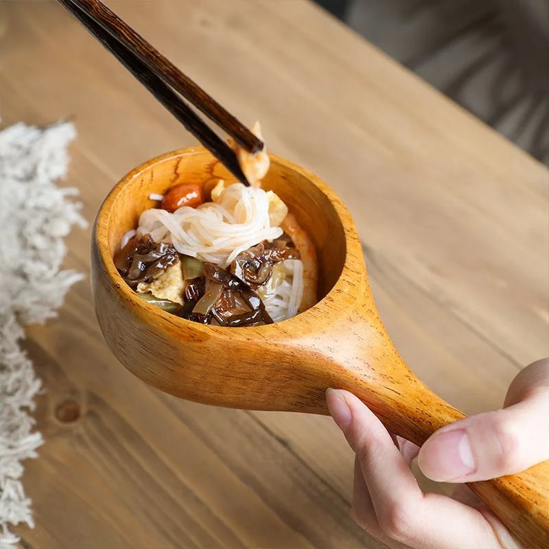 Natural Solid Wood Noodle Spoon Large Soup Ladle Japanese Short Handle Porridge Spoon Soup Ladle Water Scoop Kitchen Household