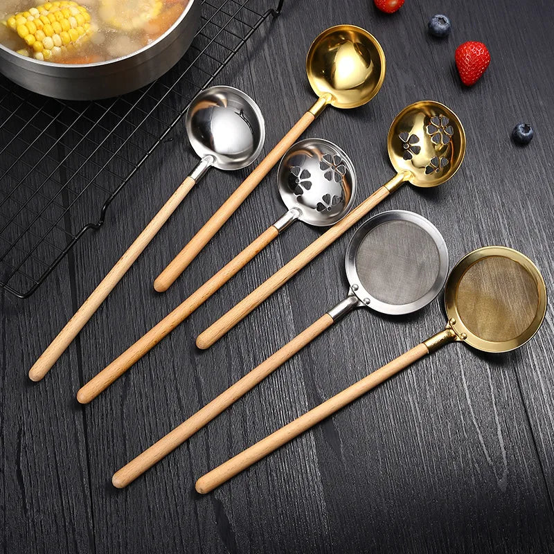 Stainless Steel Wooden Handle Soup Spoon Japanese Kitchen Ramen Tablespoons Colander Hot Pot Scoop Skimmer Gold Tableware