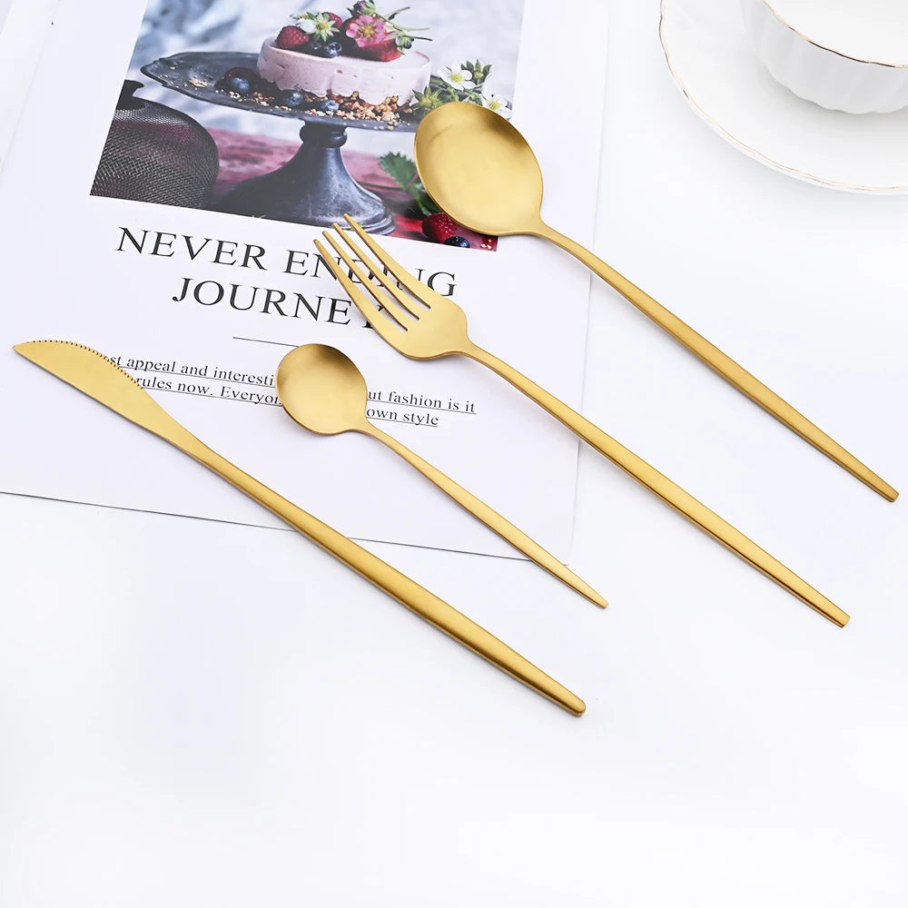 16Pcs Gold Matte Cutlery Set Knife Fork Spoons Dinnerware Set Stainless Steel Tableware Western Flatware Kitchen Silverware Set