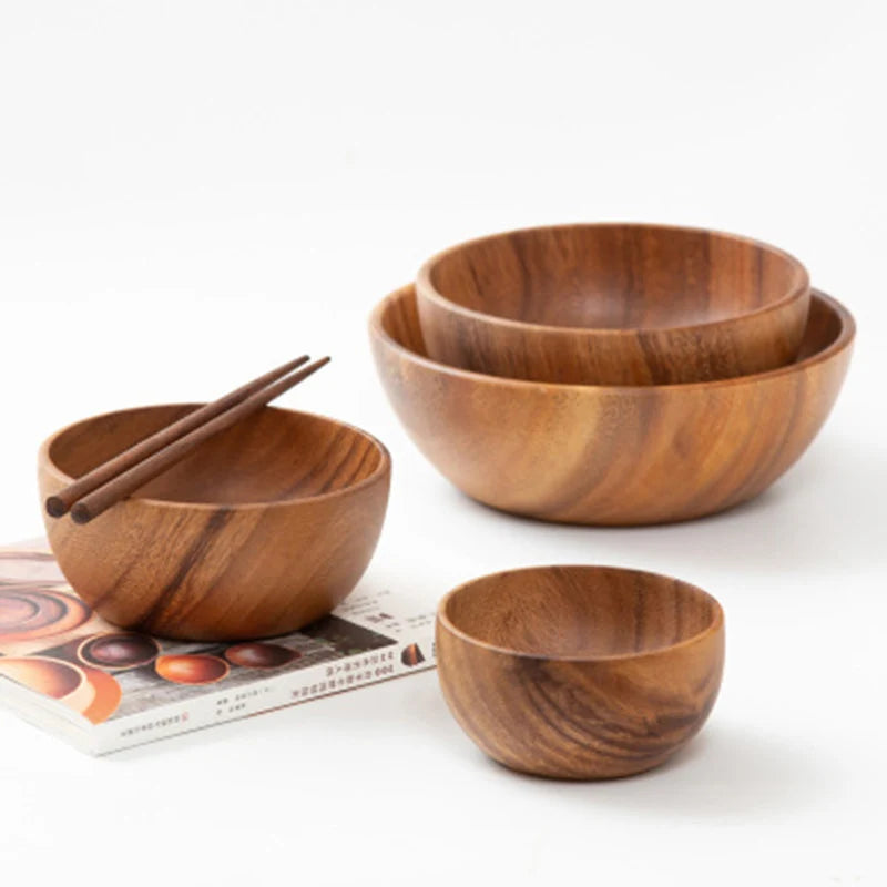 Natural Wood Bowl Food Serving Wooden Bowl for Rice Salads Fruit Soups Cereal Nuts Container Kids Unbreakable Dinnerware